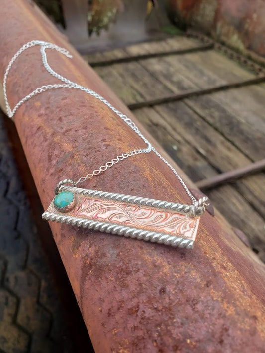 Copper Engraved Bar Necklace, Turquoise Western Pendant Design, Sterling Silver Rope Edge
