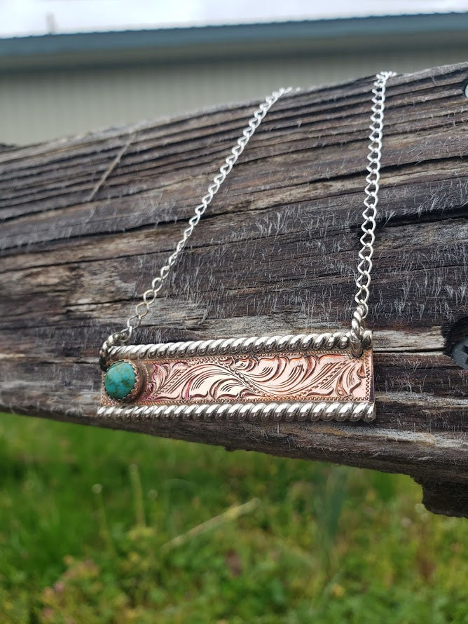 Copper Engraved Bar Necklace, Turquoise Western Pendant Design, Sterling Silver Rope Edge