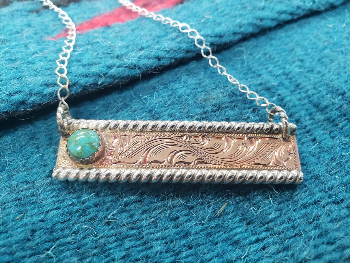 Copper Engraved Bar Necklace, Turquoise Western Pendant Design, Sterling Silver Rope Edge