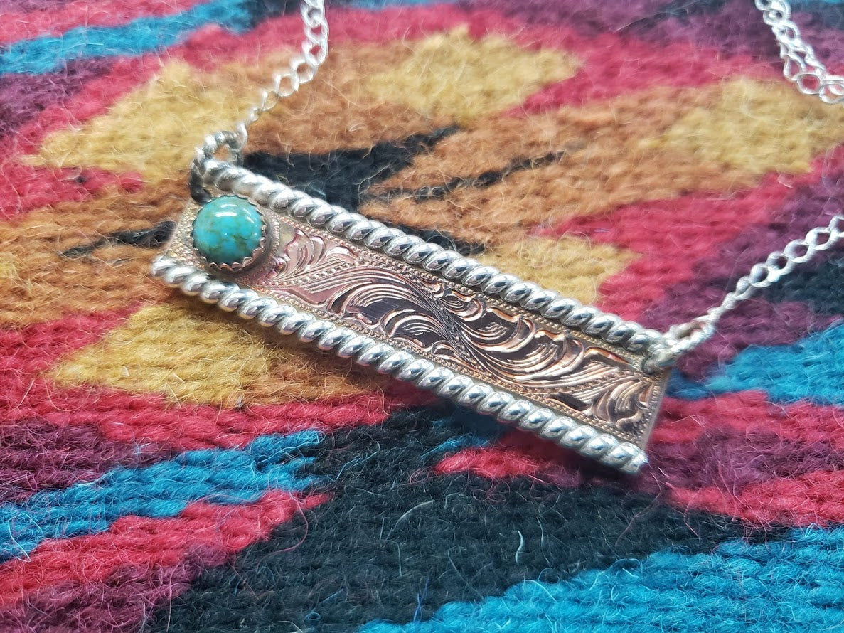 Copper Engraved Bar Necklace, Turquoise Western Pendant Design, Sterling Silver Rope Edge