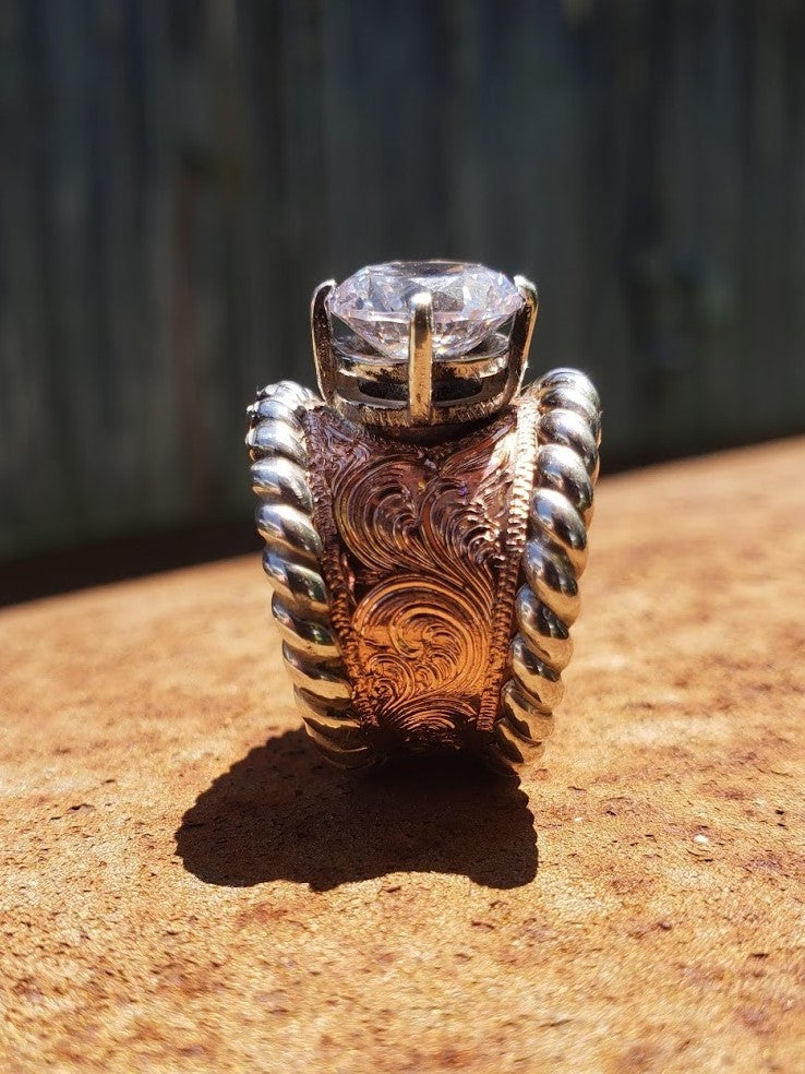 The Jane, Engagement Ring, Copper Hand Engraved Round Western Wedding