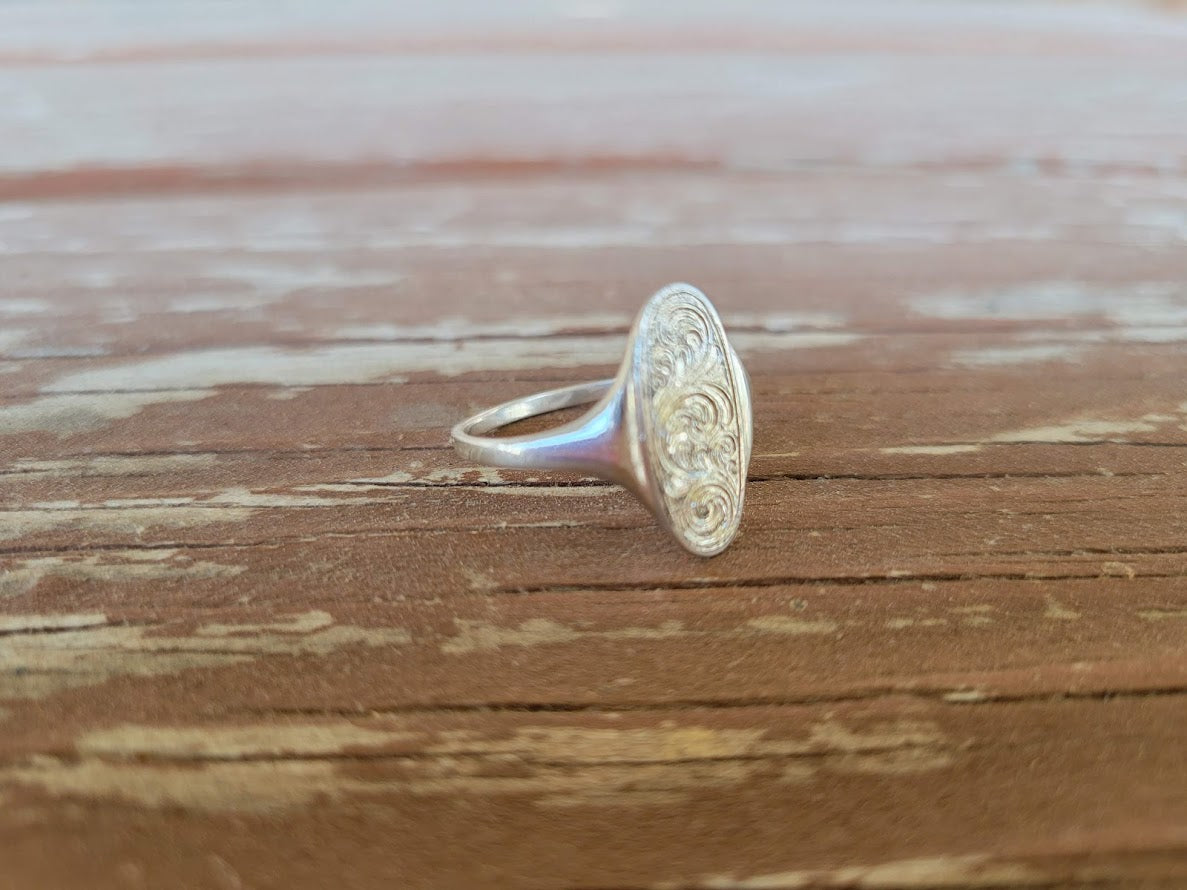 The Karis: Sterling Silver, 14K White Gold or Platinum Oval Ring, Hand Engraved, Gift for Her, Cowgirl Ring, Western Signet Ring
