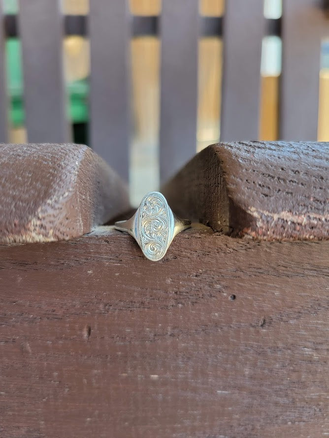 The Karis: Sterling Silver, 14K White Gold or Platinum Oval Ring, Hand Engraved, Gift for Her, Cowgirl Ring, Western Signet Ring