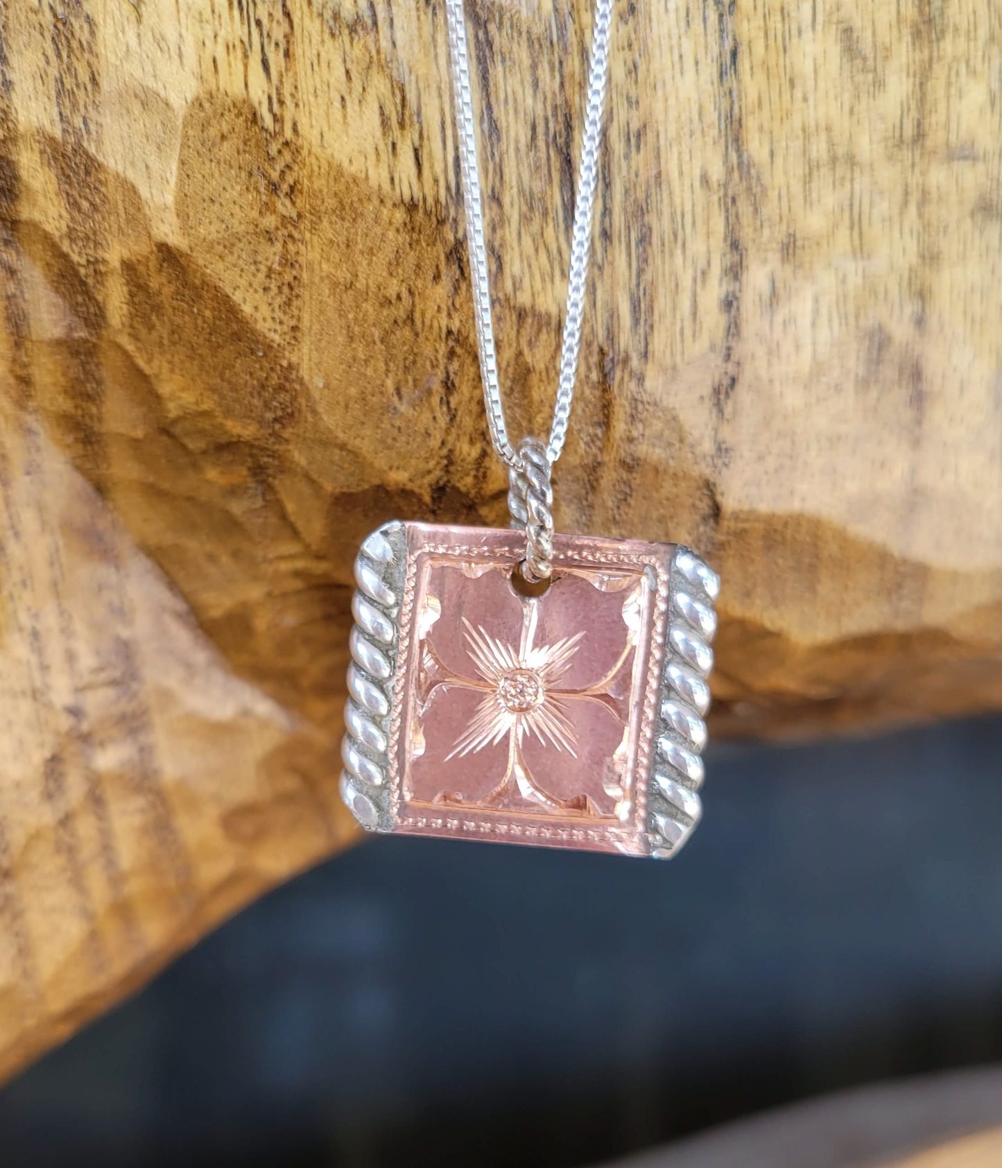 Copper Pendant, Sterling Silver Rope Edge, hand engraved Flower, cowgirl jewelry, gifts for cowgirls
