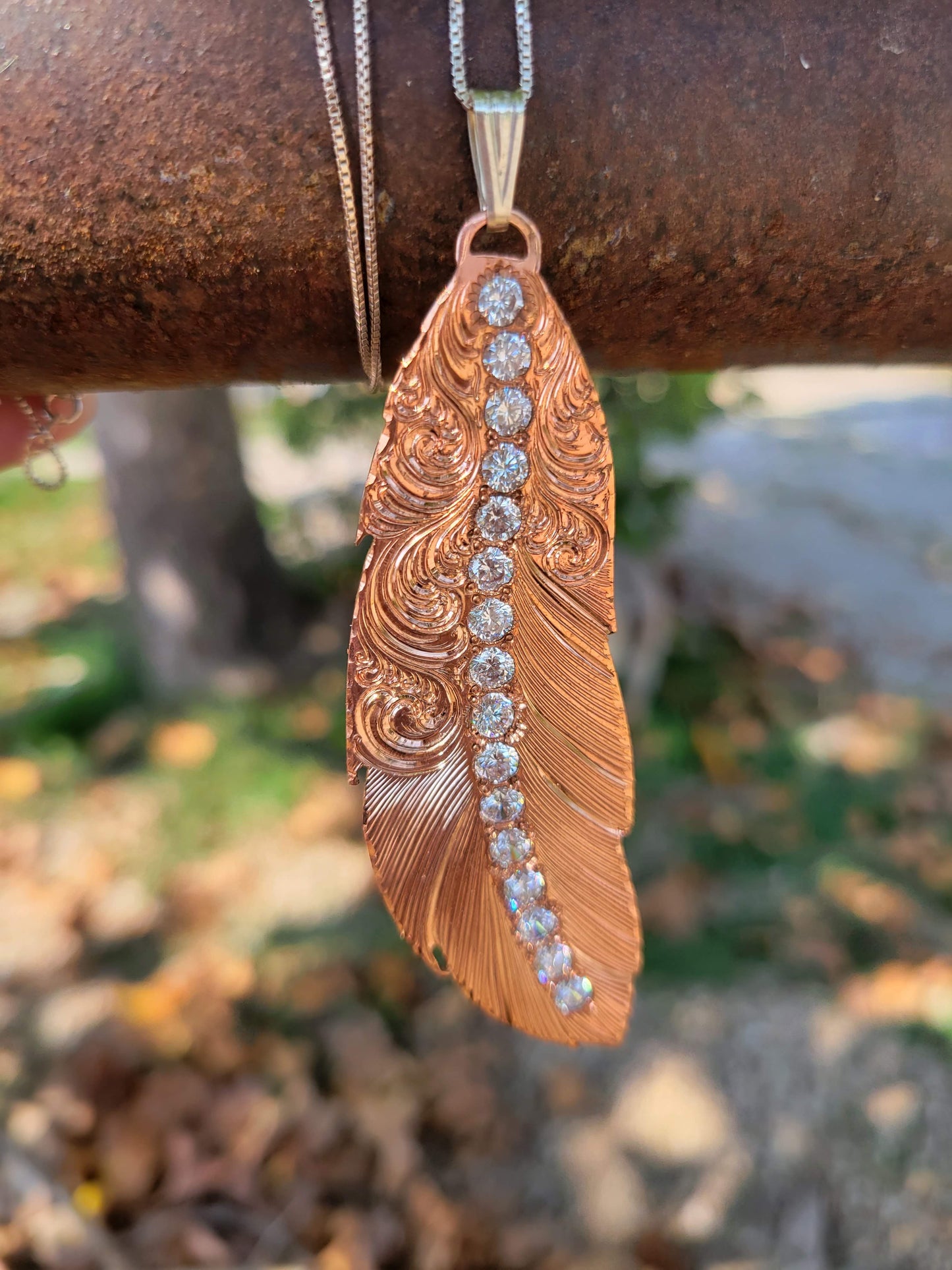 Copper Feather Necklace, Hand Engraved Pendant with CZ settings