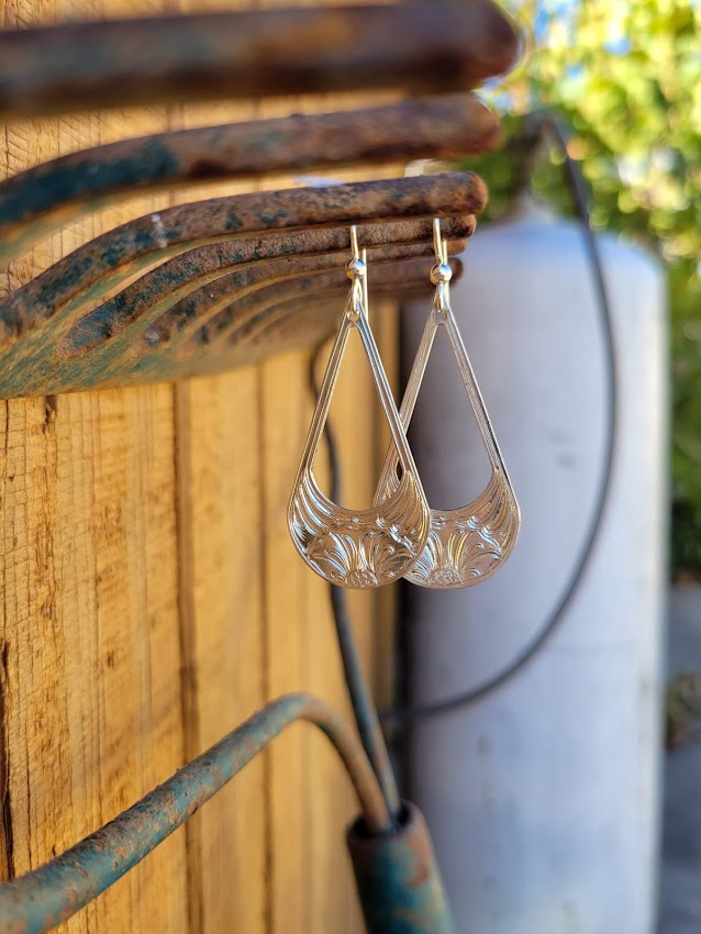 Sterling Silver Floral Engraved Drop Earrings, Western Bright Cut, Metal Fashion, Negative Space, Gifts for Her