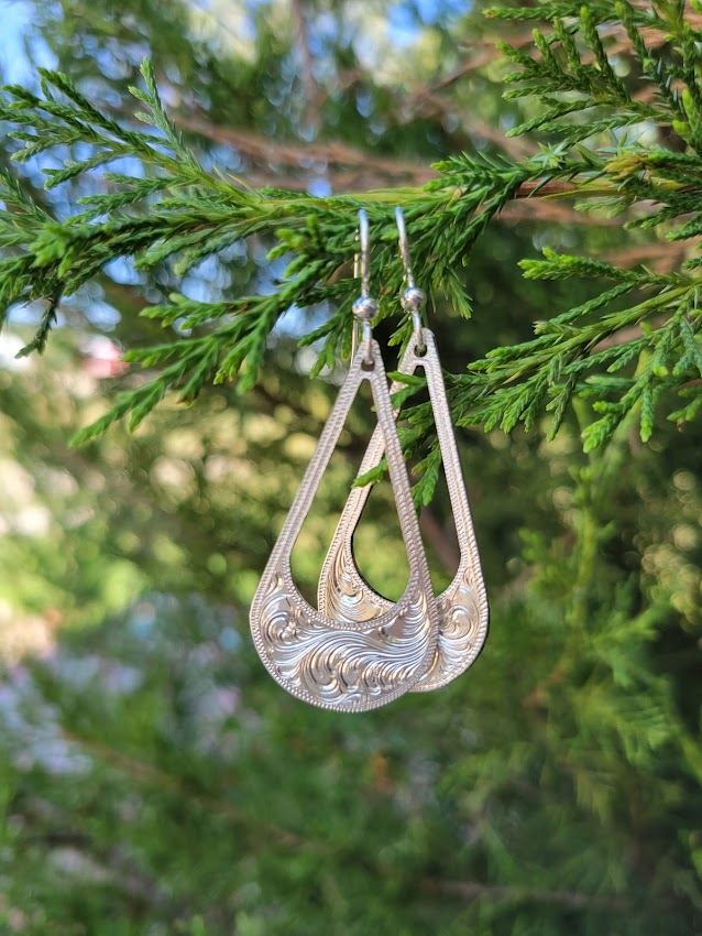 Sterling Silver Engraved Drop Earrings, Western Bright Cut, Metal Fashion, Negative Space, Gifts for Her