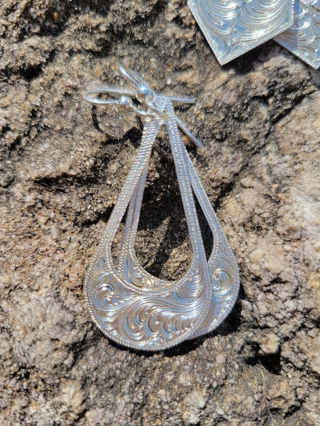 Sterling Silver Engraved Drop Earrings, Western Bright Cut, Metal Fashion, Negative Space, Gifts for Her