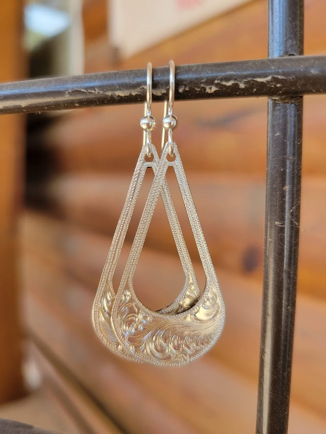 Sterling Silver Engraved Drop Earrings, Western Bright Cut, Metal Fashion, Negative Space, Gifts for Her