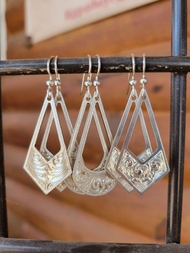 Sterling Silver Engraved Drop Earrings, Western Bright Cut, Metal Fashion, Negative Space, Gifts for Her