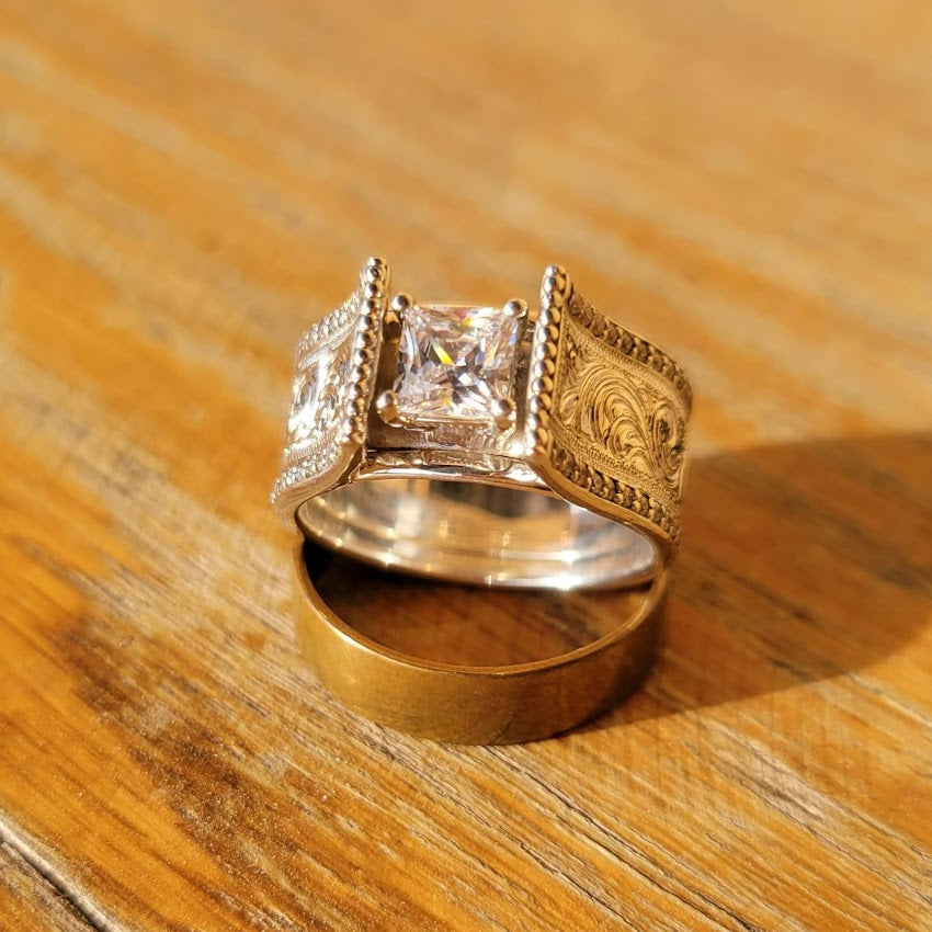 Sterling Silver Hand Engraved Cathedral Western Princess Cut Engagement Ring, Square Wedding ring, Bridal, Anniversary Gift For Her, Design by Loreena Rose