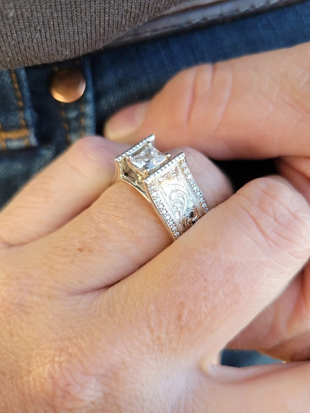 Sterling Silver Hand Engraved Cathedral Western Princess Cut Engagement Ring, Square Wedding ring, Bridal, Anniversary Gift For Her, Design by Loreena Rose