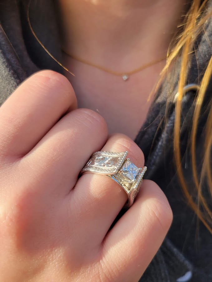 Sterling Silver Hand Engraved Cathedral Western Princess Cut Engagement Ring, Square Wedding ring, Bridal, Anniversary Gift For Her, Design by Loreena Rose