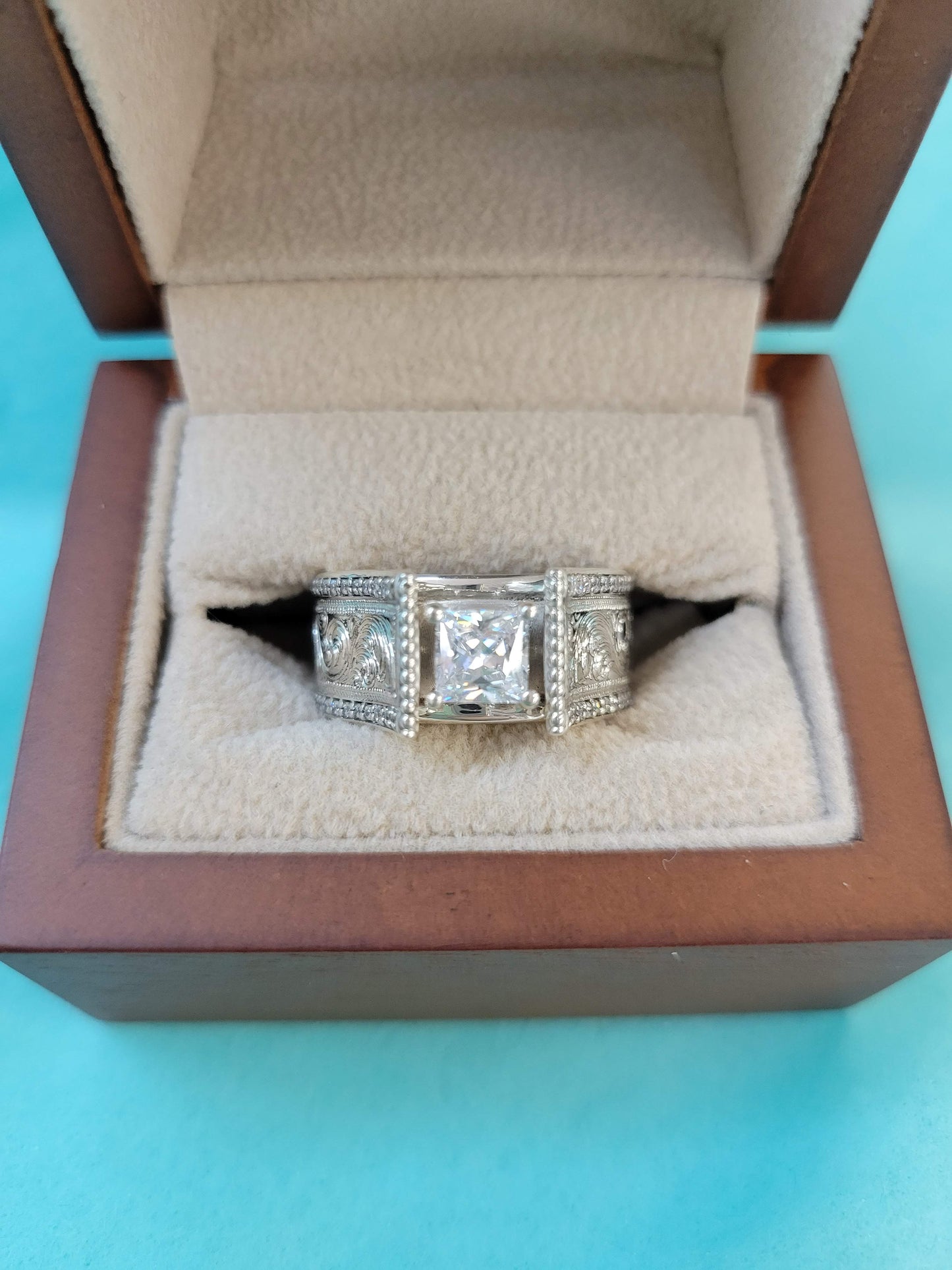 Sterling Silver Hand Engraved Cathedral Western Princess Cut Engagement Ring, Square Wedding ring, Bridal, Anniversary Gift For Her, Design by Loreena Rose