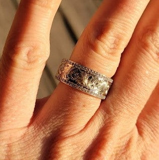 Sterling Silver Wedding Band with Channel Set CZ's, Western Hand Engraved Ring