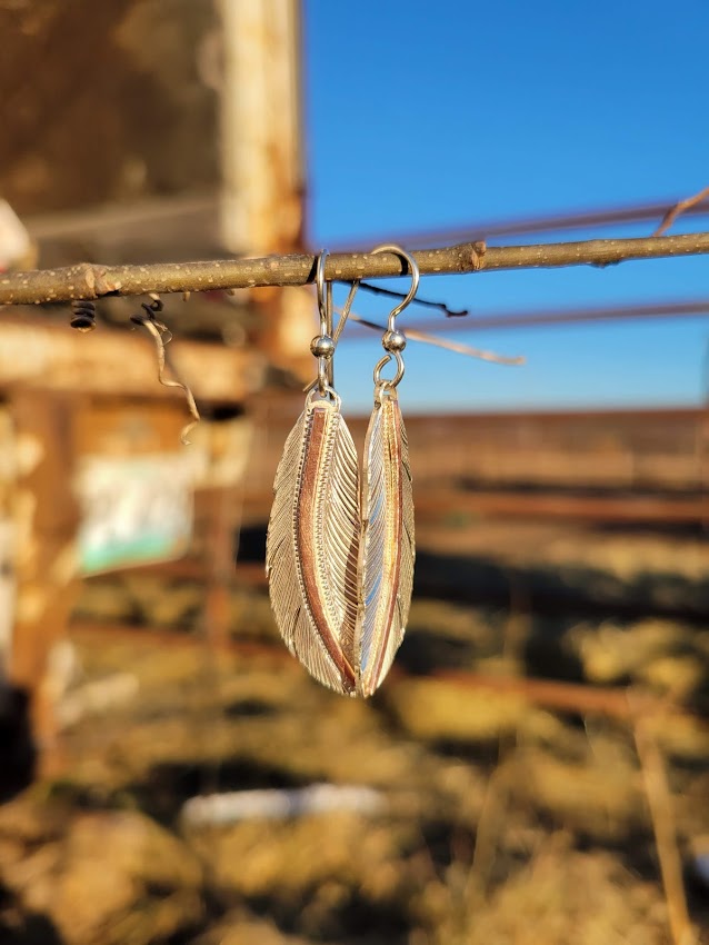 Sterling Silver Feather Earrings with a copper center shaft, Gift for her,