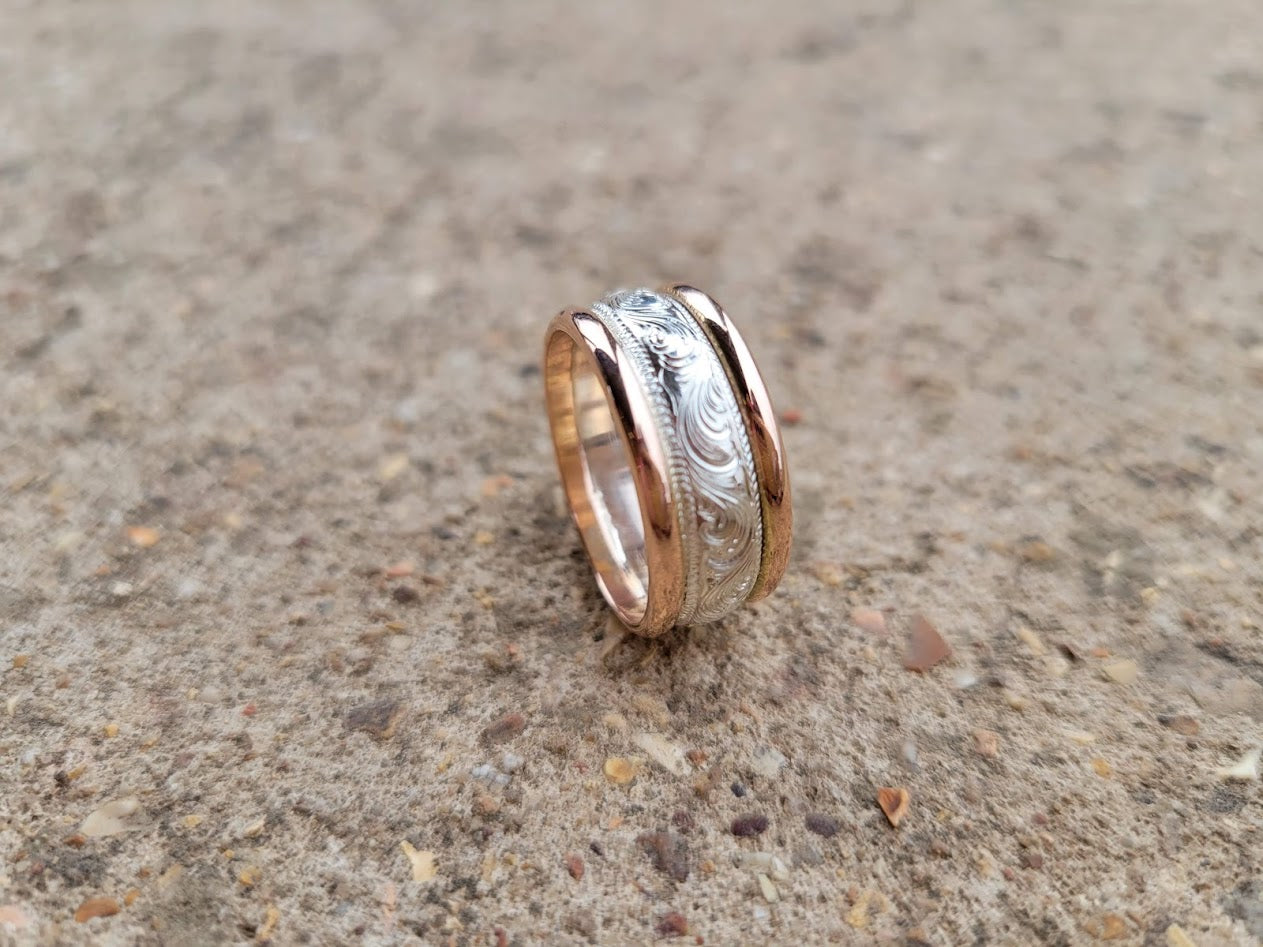 The Grayson: 10mm Rose Gold and Silver Band, Wedding Ring, Hand Engraved, Western Inspired Gift, Western Wedding Band, Hand-engraved Ring