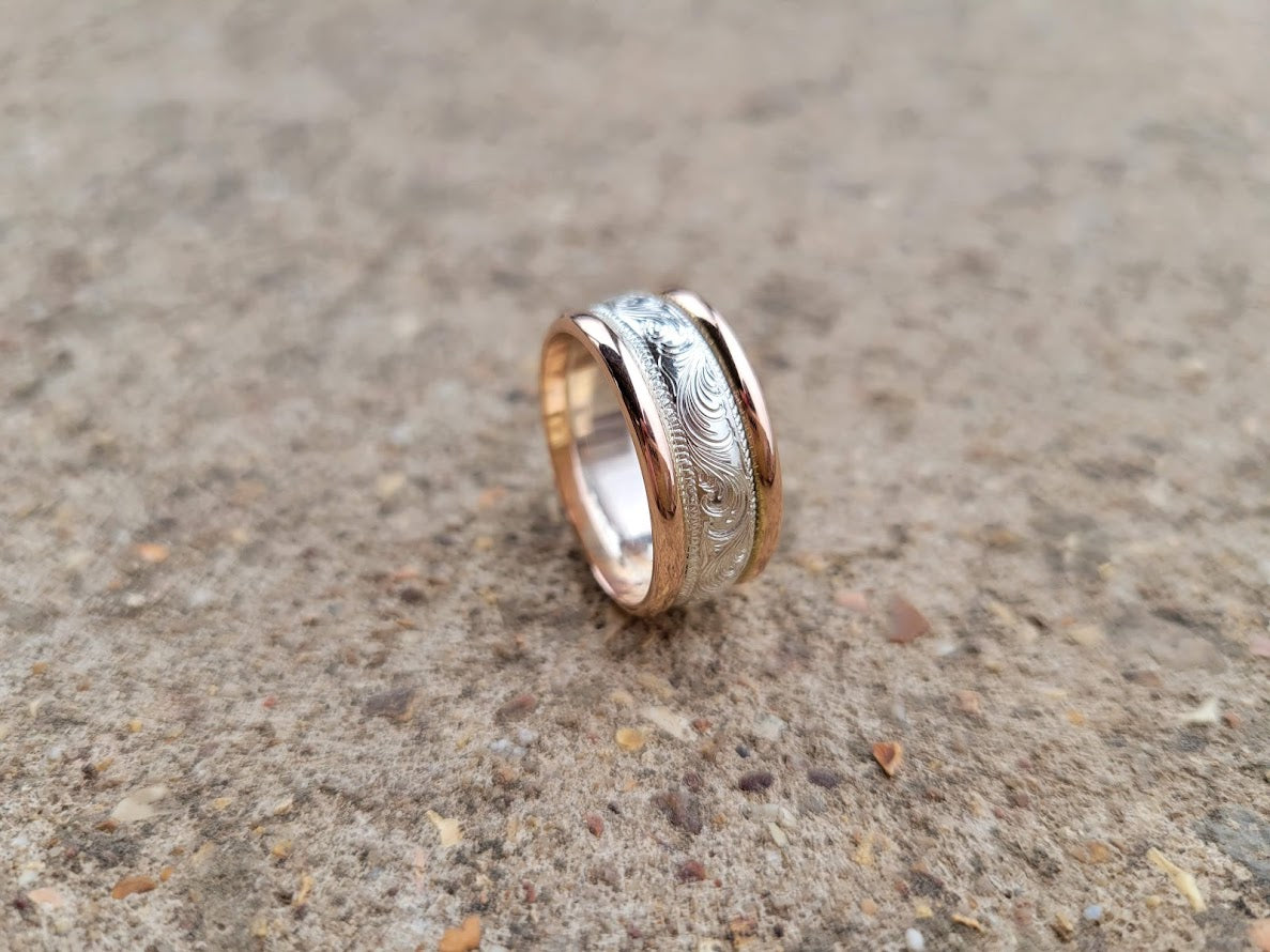 The Grayson: 10mm Rose Gold and Silver Band, Wedding Ring, Hand Engraved, Western Inspired Gift, Western Wedding Band, Hand-engraved Ring
