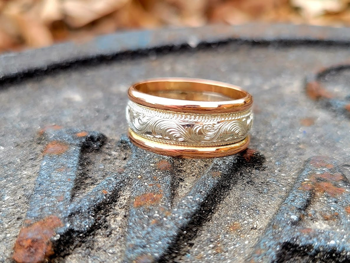 The Grayson: 10mm Rose Gold and Silver Band, Wedding Ring, Hand Engraved, Western Inspired Gift, Western Wedding Band, Hand-engraved Ring
