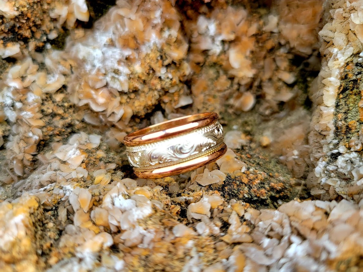 The Grayson: 10mm Rose Gold and Silver Band, Wedding Ring, Hand Engraved, Western Inspired Gift, Western Wedding Band, Hand-engraved Ring