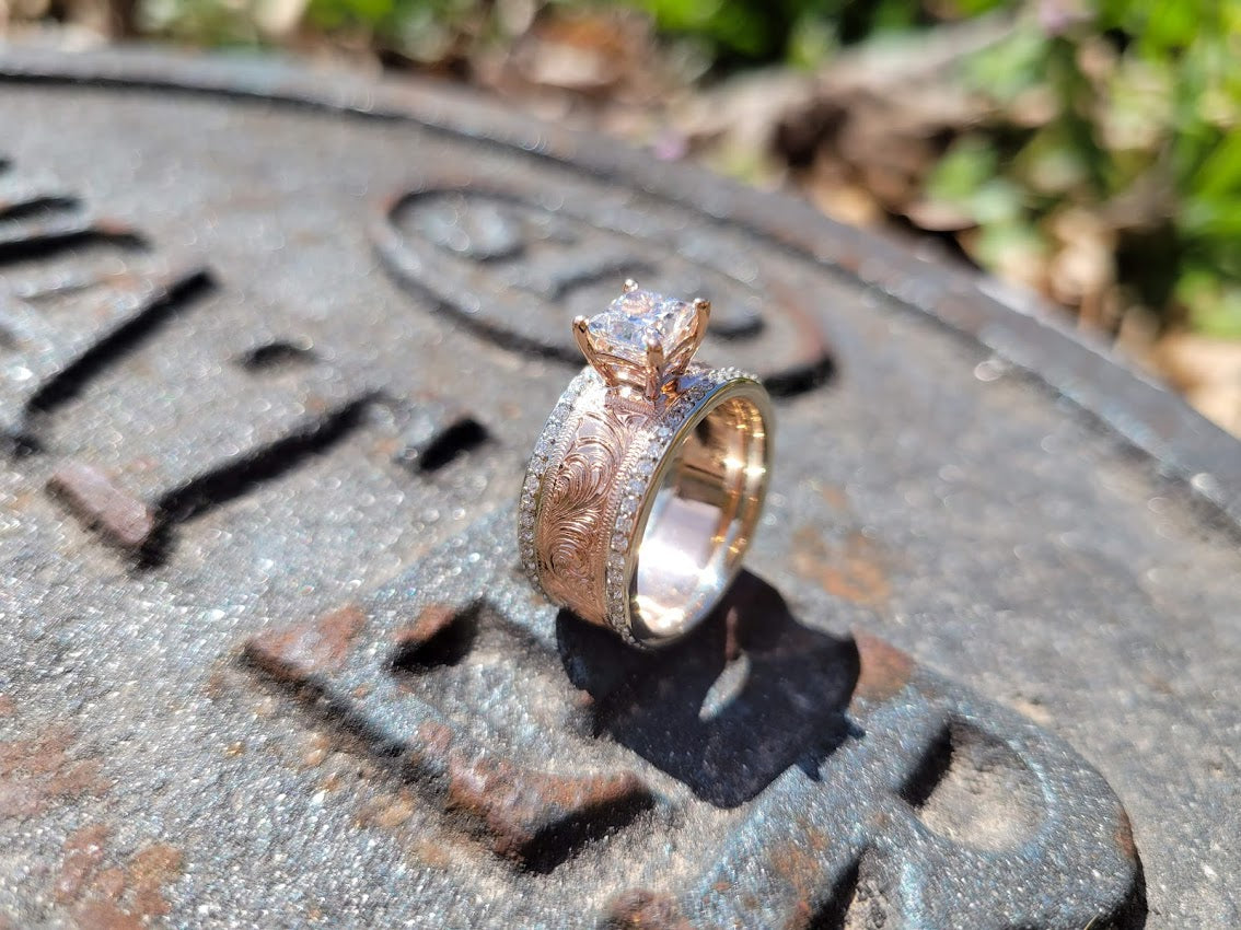 Gorgeous Rose Gold Engagement Ring, 1ct Princess Cut Moissanite ring with Double Channel Sets
