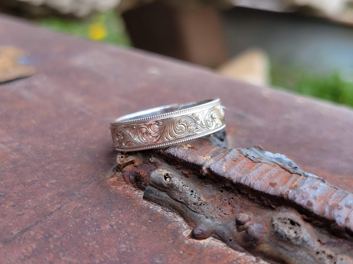 The Oakley: Sterling Silver or White Gold Milgrain Edge Hand Engraved Men's Wedding Band, Women's Wedding Band, Hand Engraved Western Ring