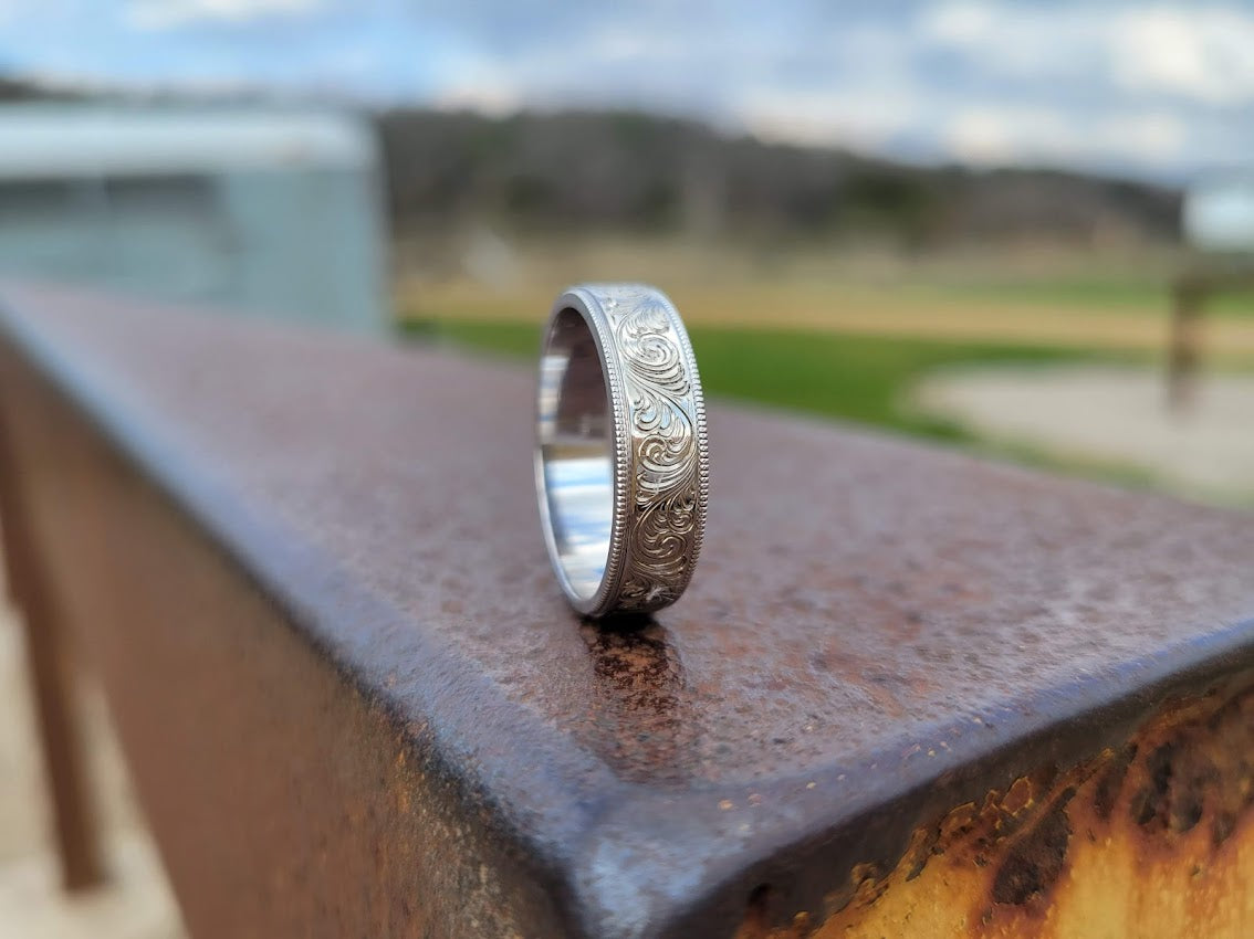 The Oakley: Sterling Silver or White Gold Milgrain Edge Hand Engraved Men's Wedding Band, Women's Wedding Band, Hand Engraved Western Ring
