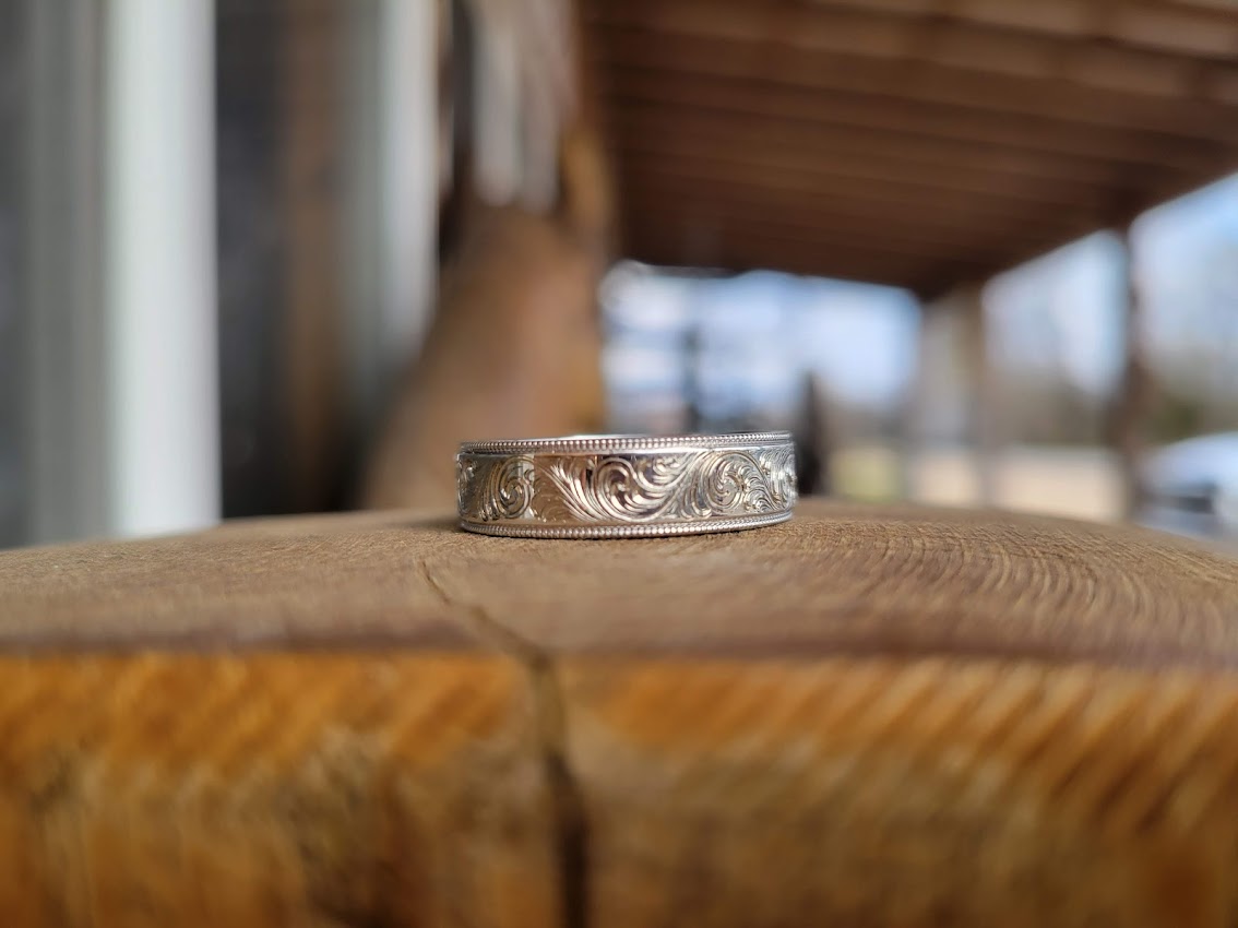 The Oakley: Sterling Silver or White Gold Milgrain Edge Hand Engraved Men's Wedding Band, Women's Wedding Band, Hand Engraved Western Ring