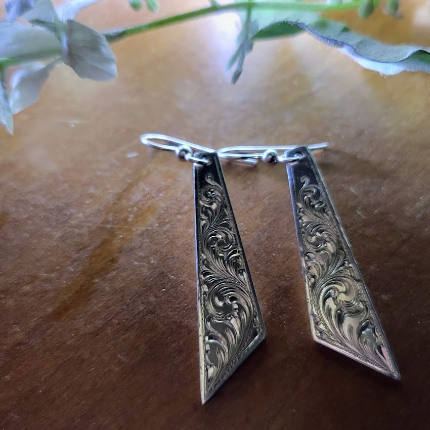 Abstract Dangle Earrings in Silver: Hand Engraved Western Bridal Jewelry, Sterling Silver Dangle Earrings, Bridal Gift, Wedding Party Jewelry, Gifts for her