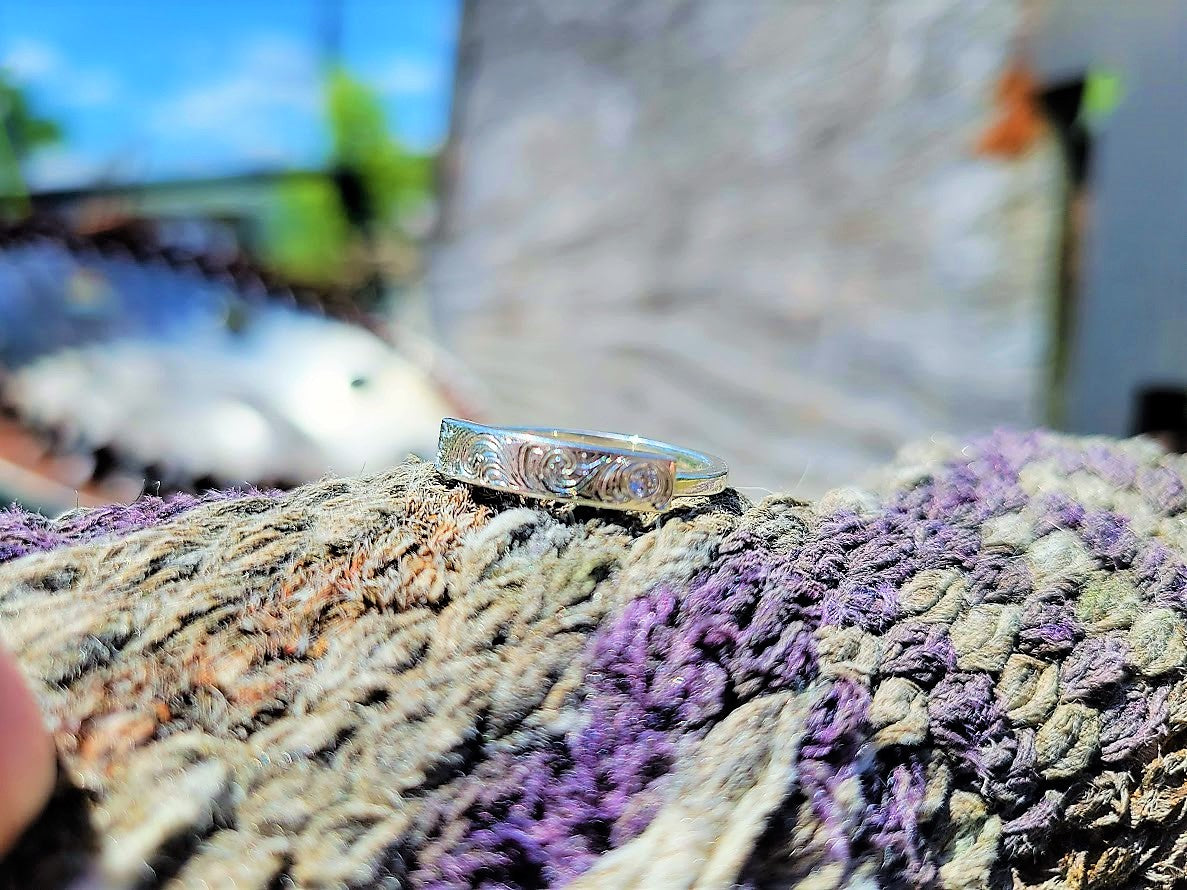 The Kelli: Signet Sterling Silver Ring with diamond accent round, Hand Engraved, Gift for Her