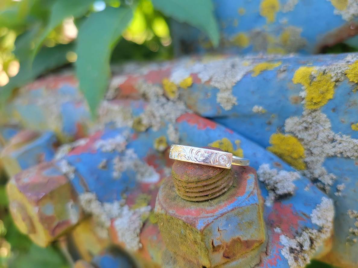 The Kelli: Signet Sterling Silver Ring with diamond accent round, Hand Engraved, Gift for Her