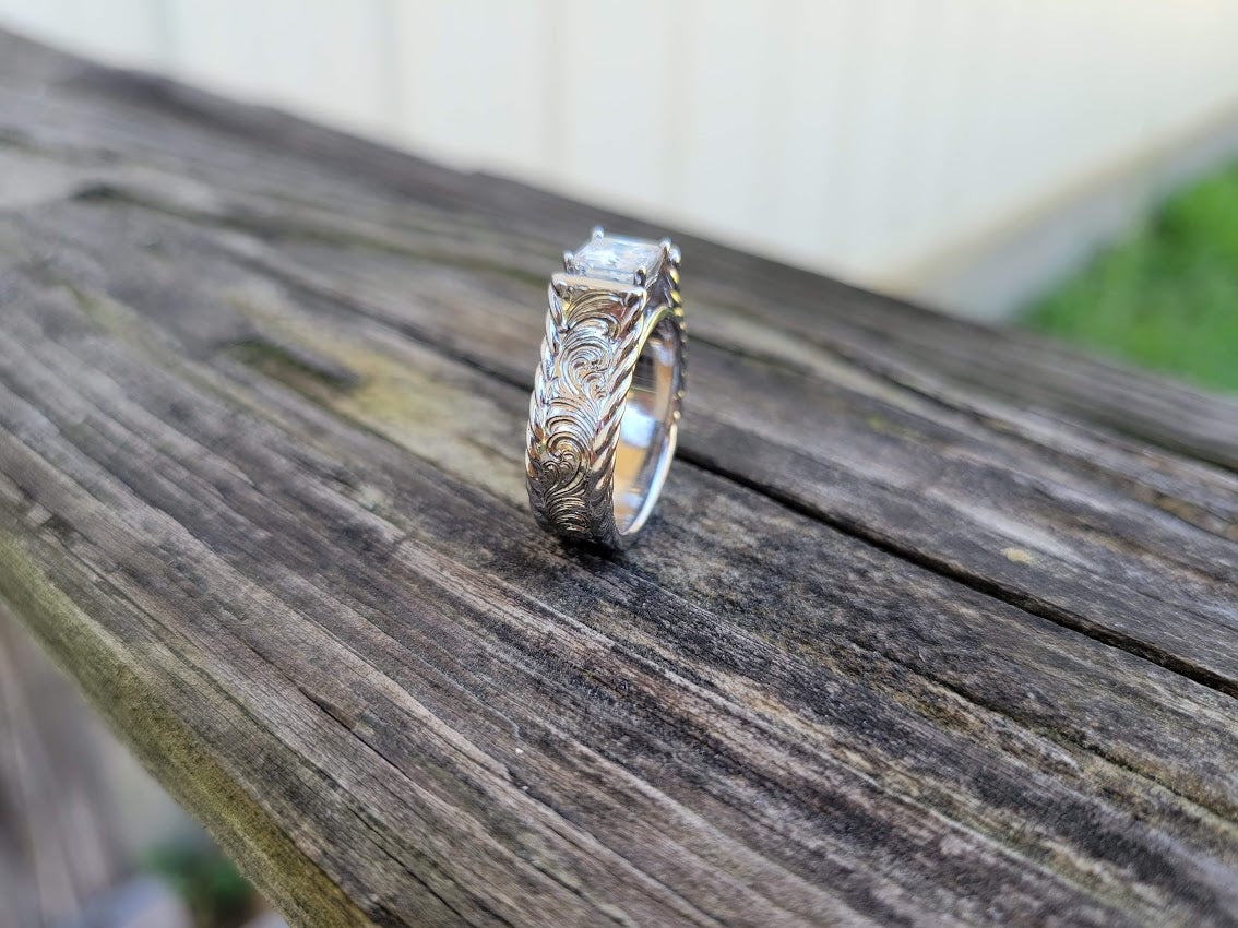 Rope Edge Cathedral Ring with Princess Billiant Cut 1ct Moissanite Gemstone, Engagement Ring, Anniversary Gift