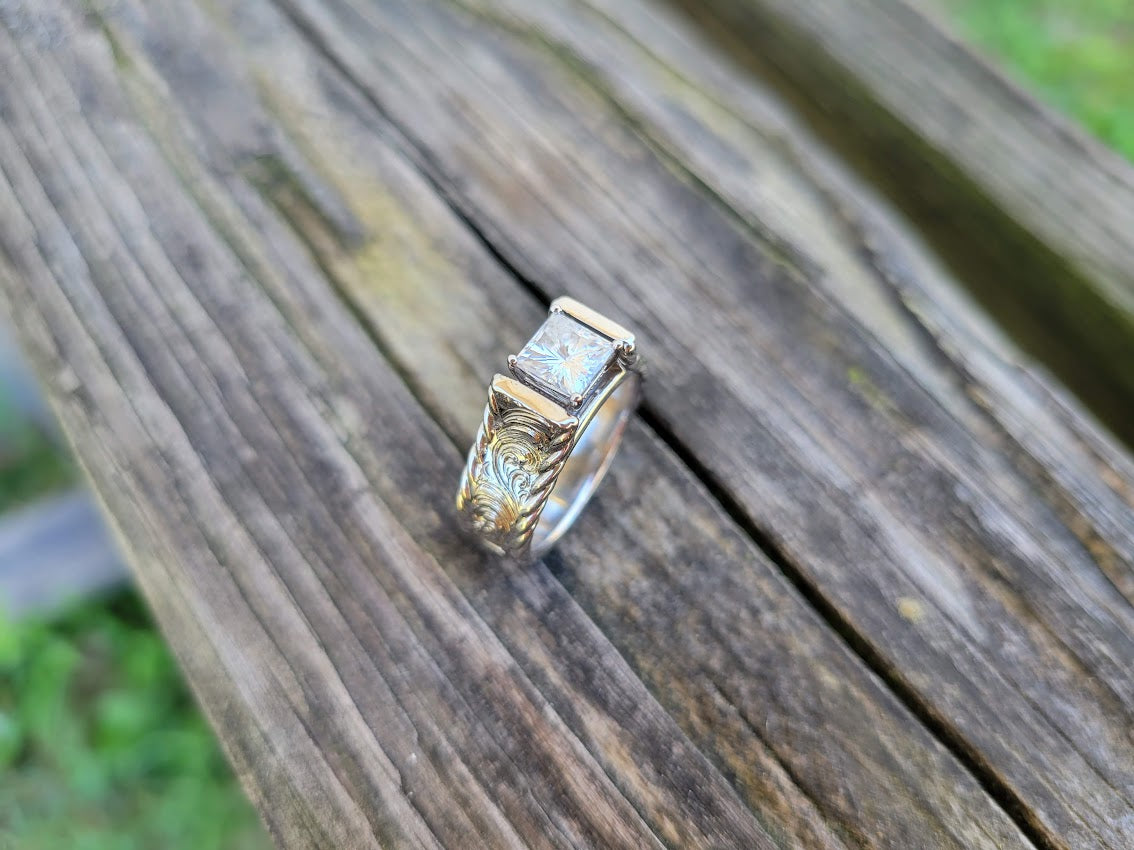 Rope Edge Cathedral Ring with Princess Billiant Cut 1ct Moissanite Gemstone, Engagement Ring, Anniversary Gift