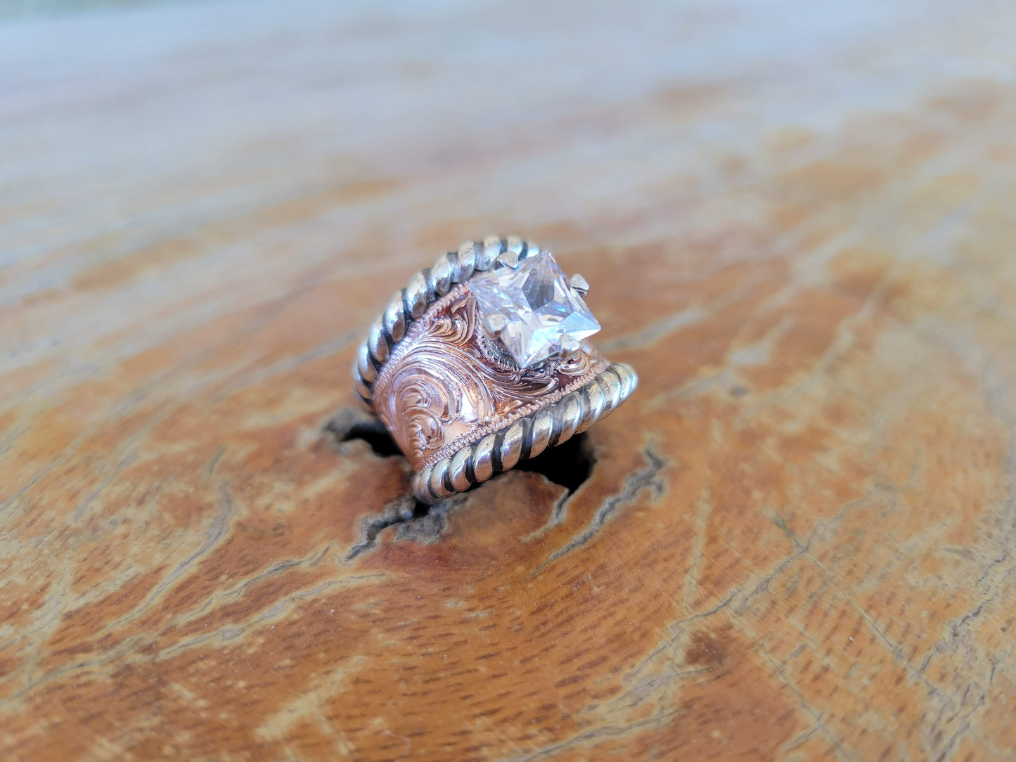 The Dolly, Princess Cut Engagement Ring, Copper Hand Engraved Square Western Wedding Ring, Anniversary Gift For Her, Bridal Jewelry