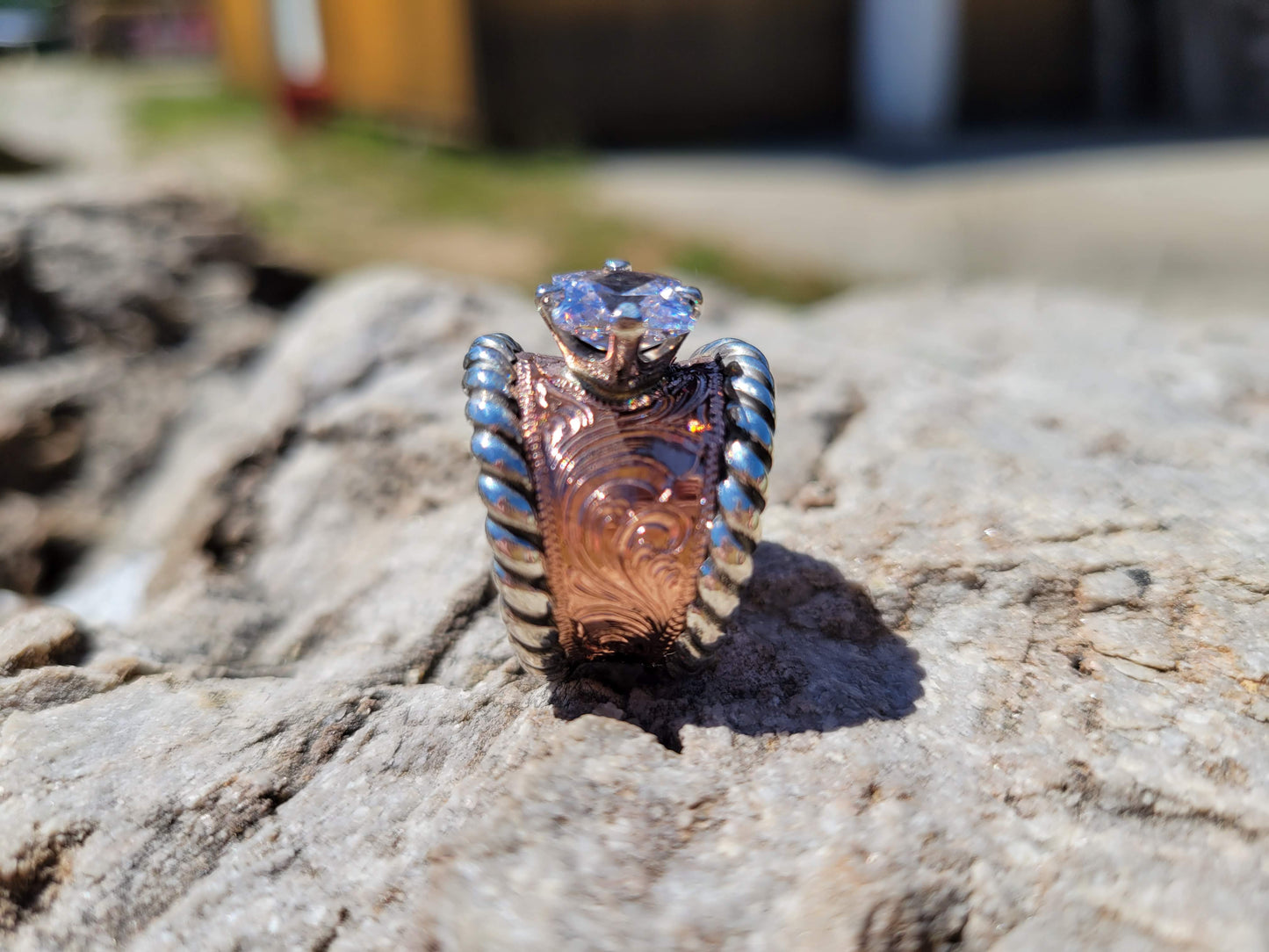 The Dolly, Princess Cut Engagement Ring, Copper Hand Engraved Square Western Wedding Ring, Anniversary Gift For Her, Bridal Jewelry