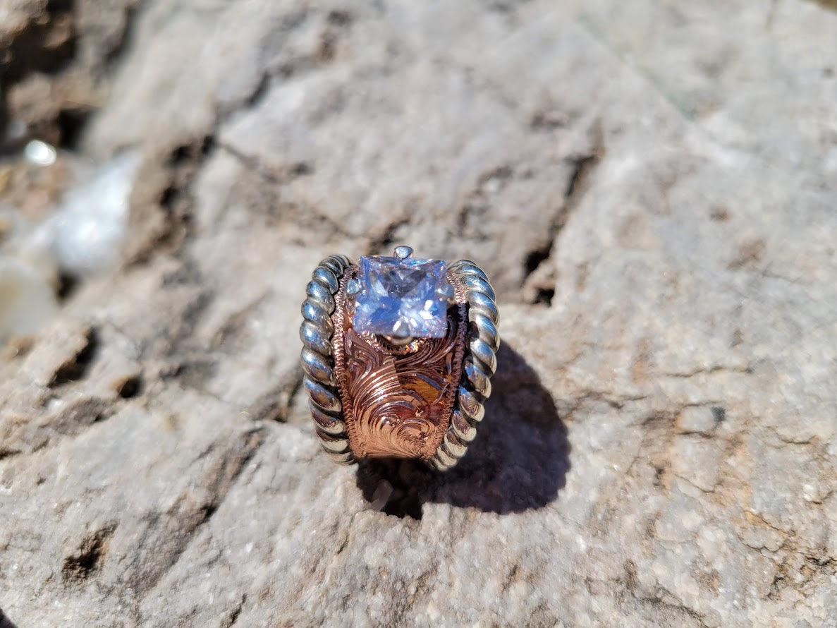 The Dolly, Princess Cut Engagement Ring, Copper Hand Engraved Square Western Wedding Ring, Anniversary Gift For Her, Bridal Jewelry