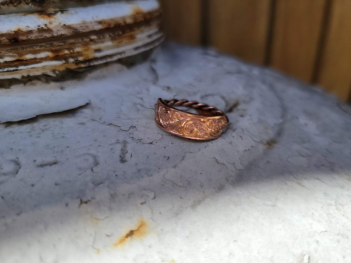 The Kit: Copper Western Engraved Signet ring with Rope Band, Bridesmaids Rings, Gift for her,