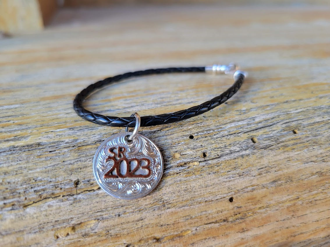 High School Senior Bracelet, SR 2024 Charm Bracelet in Leather and Sterling Silver, Senior Gift, Graduation Present, 2024 Western Graduation Gift