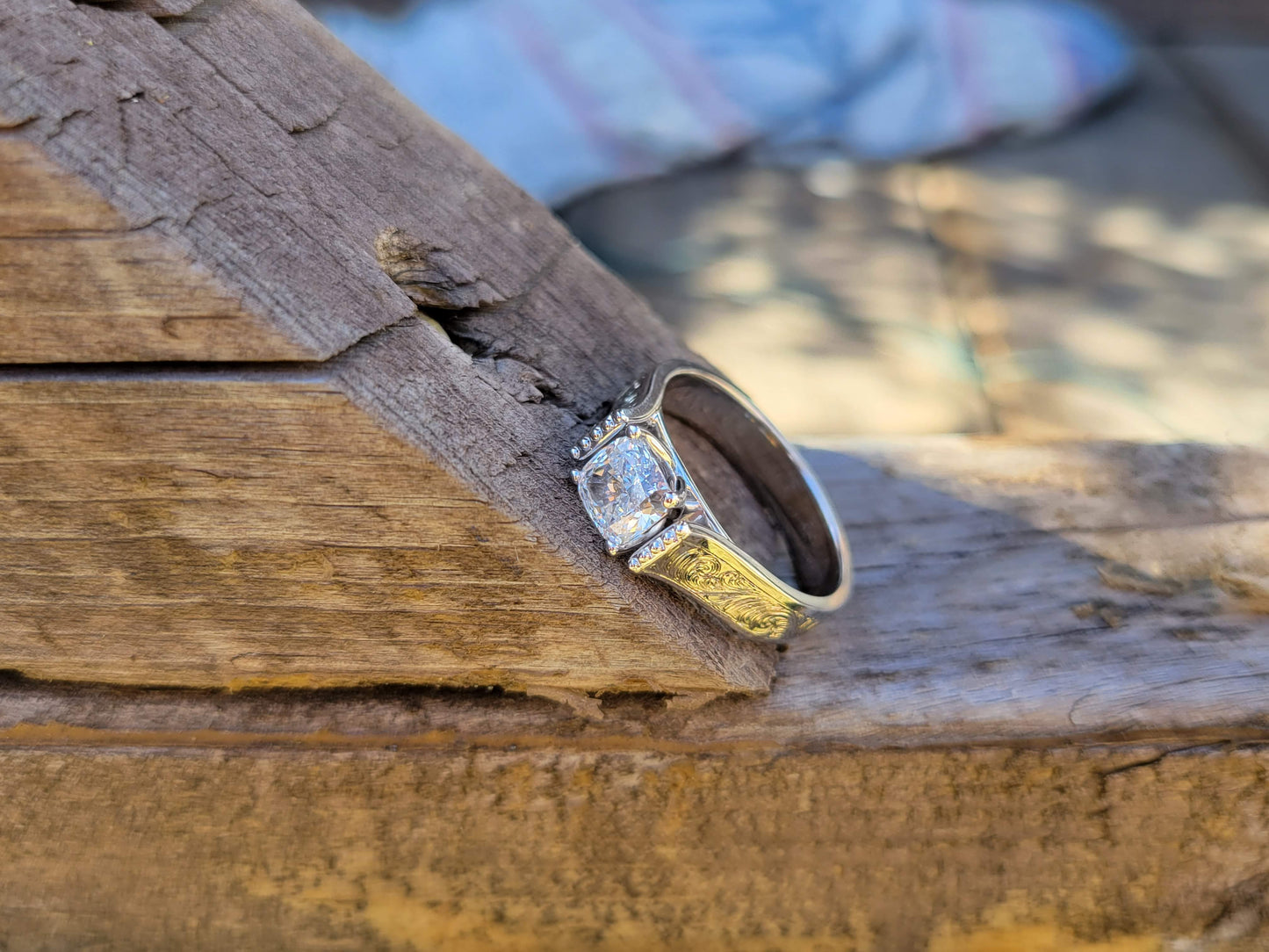 The Ava: Cushion set Cathedral Engagement Ring, Western Engagement Ring, Bead Edge Detail and Fully Hand Egraved 10K or 18K White Gold