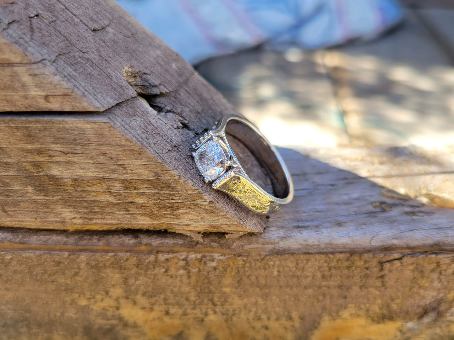 The Ava: Cushion set Cathedral Engagement Ring, Western Engagement Ring, Bead Edge Detail and Fully Hand Egraved 10K or 18K White Gold