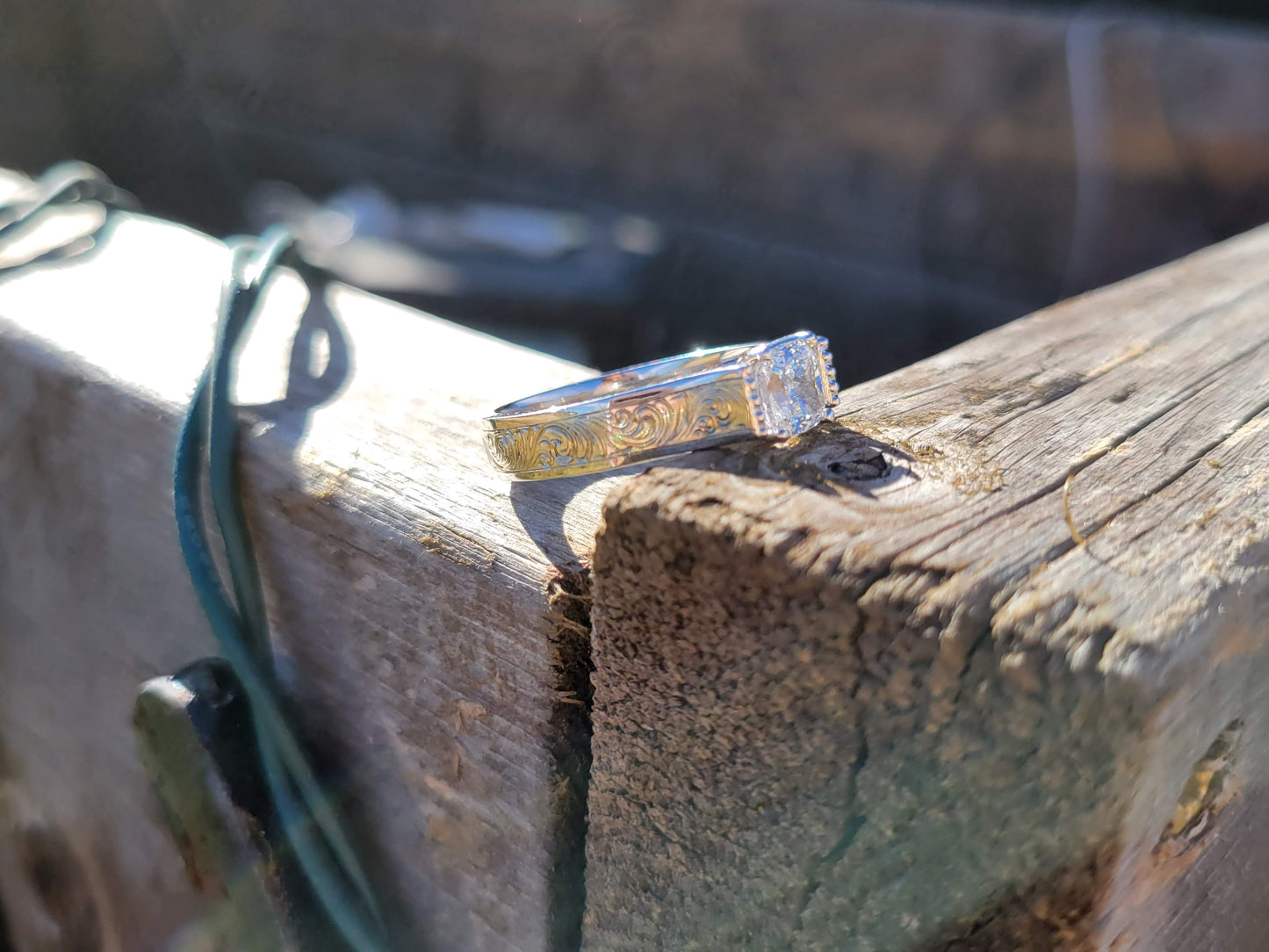 The Ava: Cushion set Cathedral Engagement Ring, Western Engagement Ring, Bead Edge Detail and Fully Hand Egraved 10K or 18K White Gold