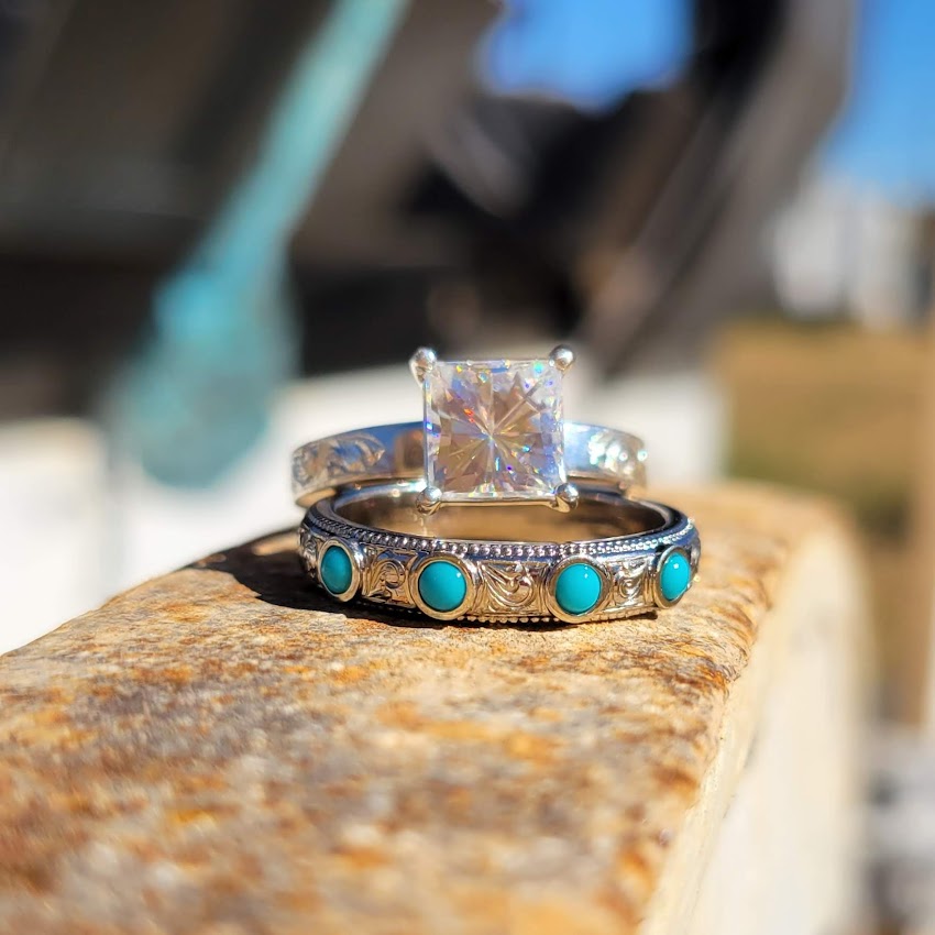 Genuine Turquoise and White Gold Wedding Band, Cowgirl Ring, Western Wedding Band,