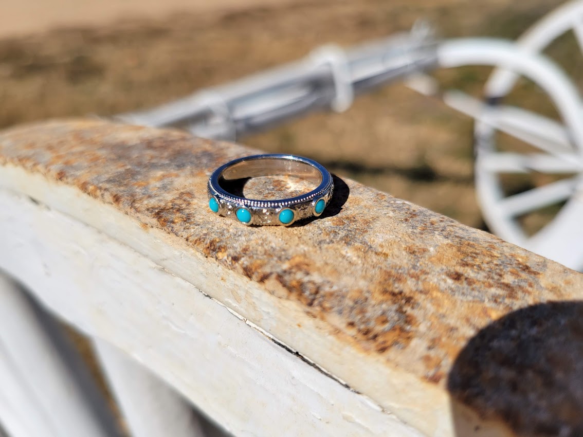 Genuine Turquoise and White Gold Wedding Band, Cowgirl Ring