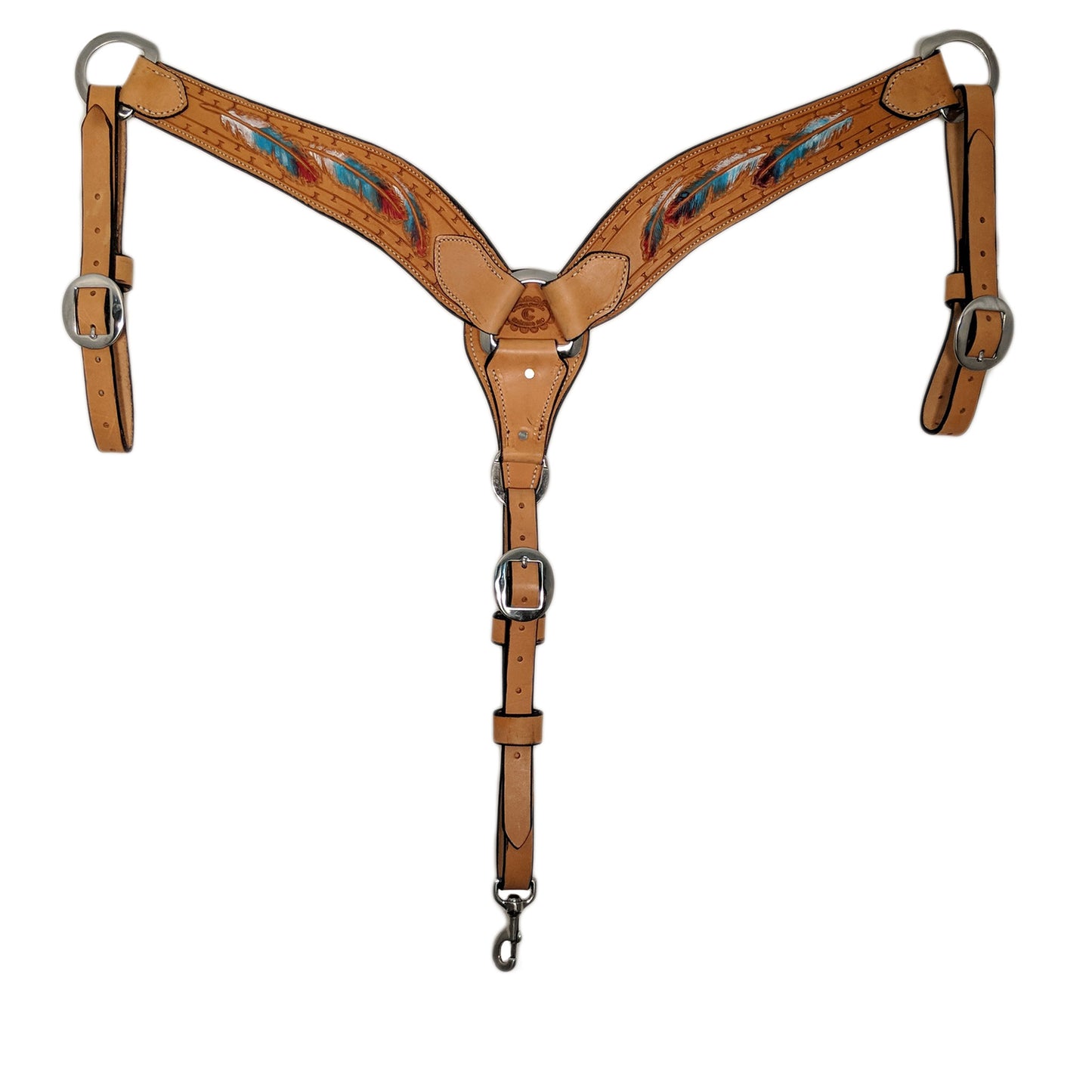 Picture of C&L Natural 3 Piece Breast Collar with Hand Tooled bright Painted Feather Design BC000017