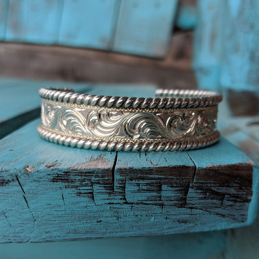 The Hazel: Sterling Silver Engraved Bracelet, Western Cuff Bracelet, Cowboy Bracelet, Western Fashion
