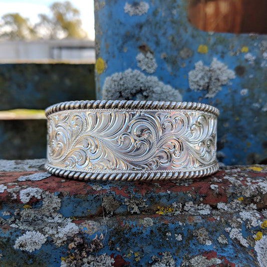 The Hadley: Sterling Silver Engraved Cuff Bracelet, Western Cuff Bracelet, Cowgirl Jewelry, Wide Engraved Bracelet, Western Rope Edge Jewelry