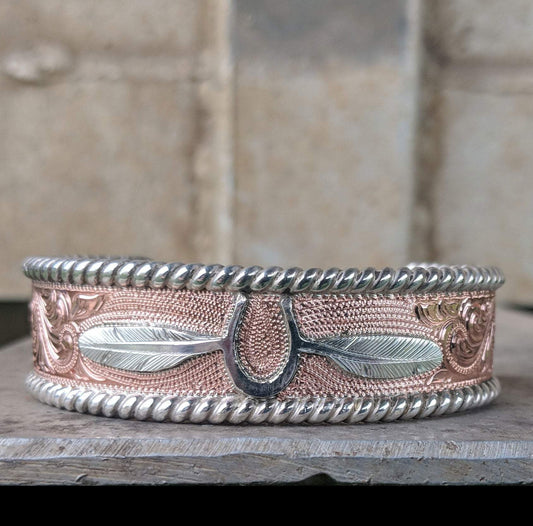 The Hannah: Sterling Silver and Copper Hand-Engraved Bracelet, Western Jewelry, Cowgirl Bracelet, Horseshoe With Feathers, Western Jewelry