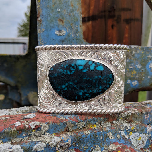 The Harper: Sterling Silver Turquoise Engraved Western Bracelet, Cowgirl Cuff Bracelet, Western Turquoise Cuff, Handmade Cowgirl Jewelry