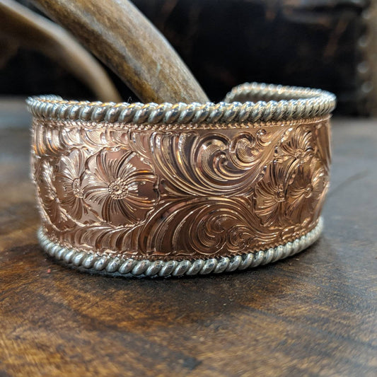Copper Engraved Bracelet, Sterling Silver Rope Edge, Western Bracelet Design BRC00026 by Loreena Rose