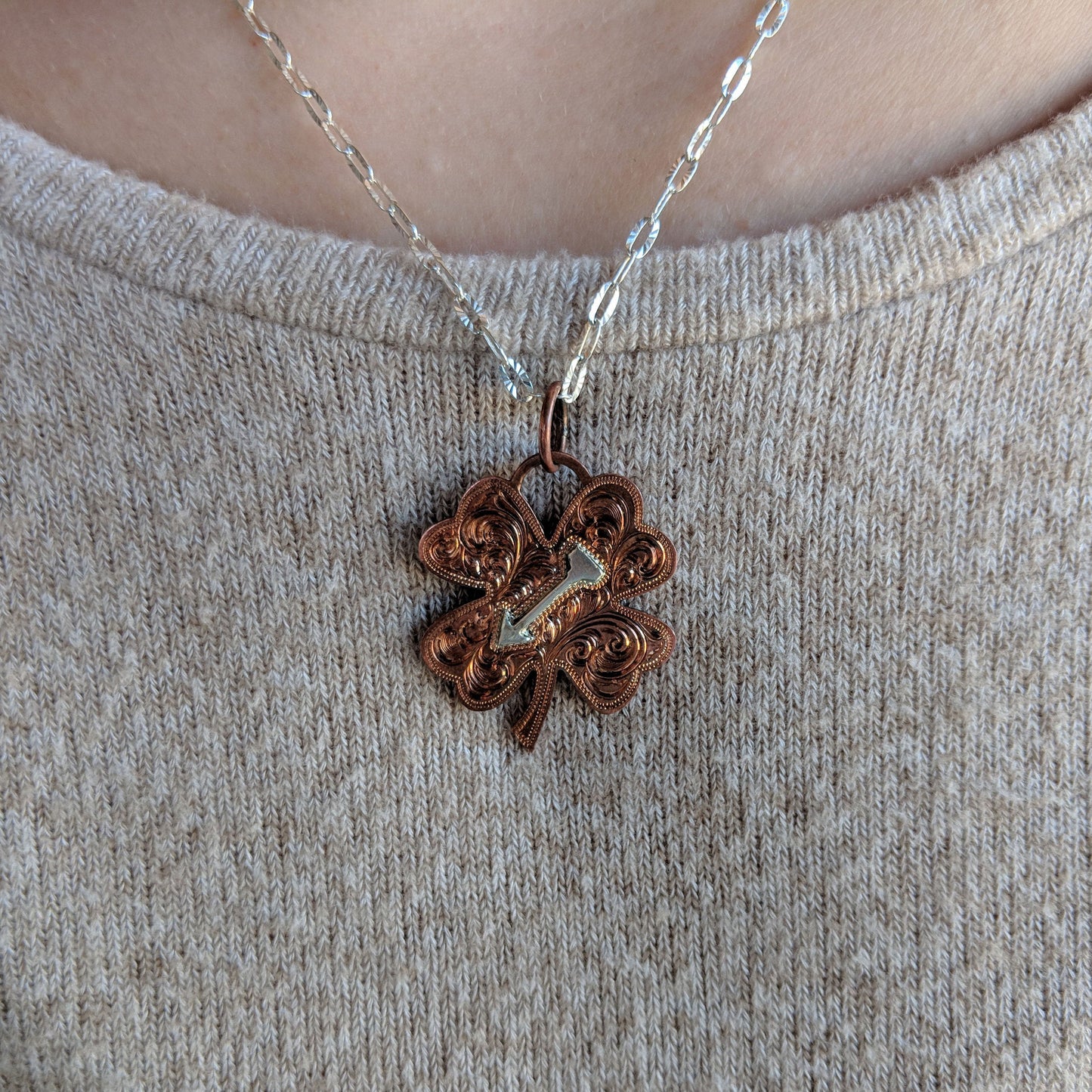 Copper 4-Leaf Clover, Hand Engraved Shamrock Necklace, Silver Arrow Overlay Western Pendant, Personalized Design PND00005 by Loreena Rose